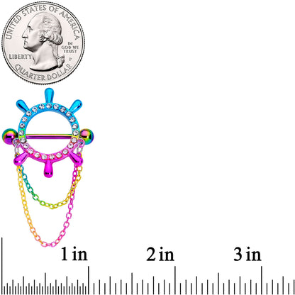 14G 9/16 Clear Gem Rainbow Ships Wheel Chain Dangle Nipple Shield Set