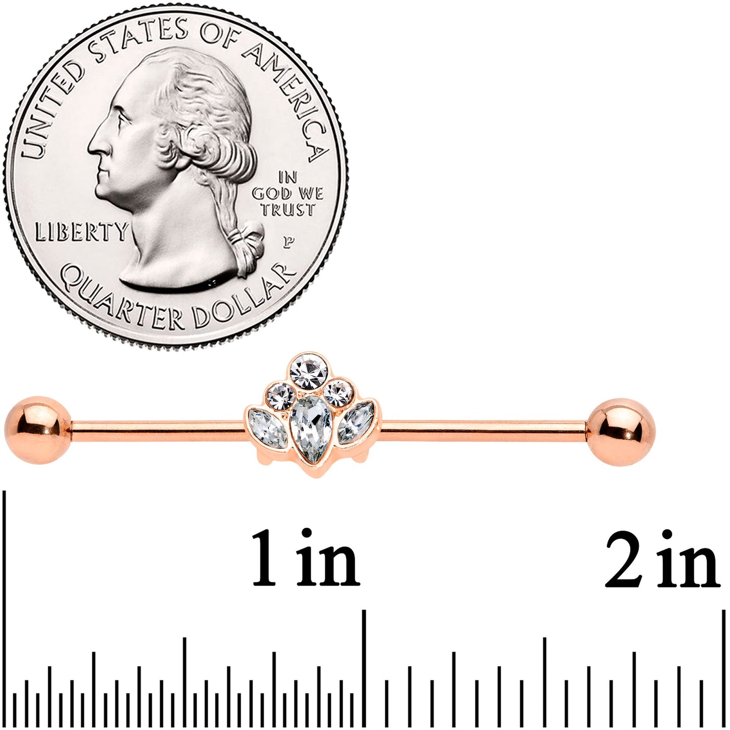 14G Clear Gem Rose Gold Hue Anodized Cluster Industrial Barbell 38mm