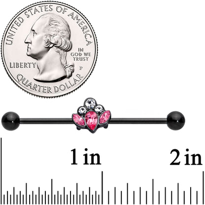 14G Clear Pink Gem Black Anodized Classic Cluster Industrial Barbell 38mm