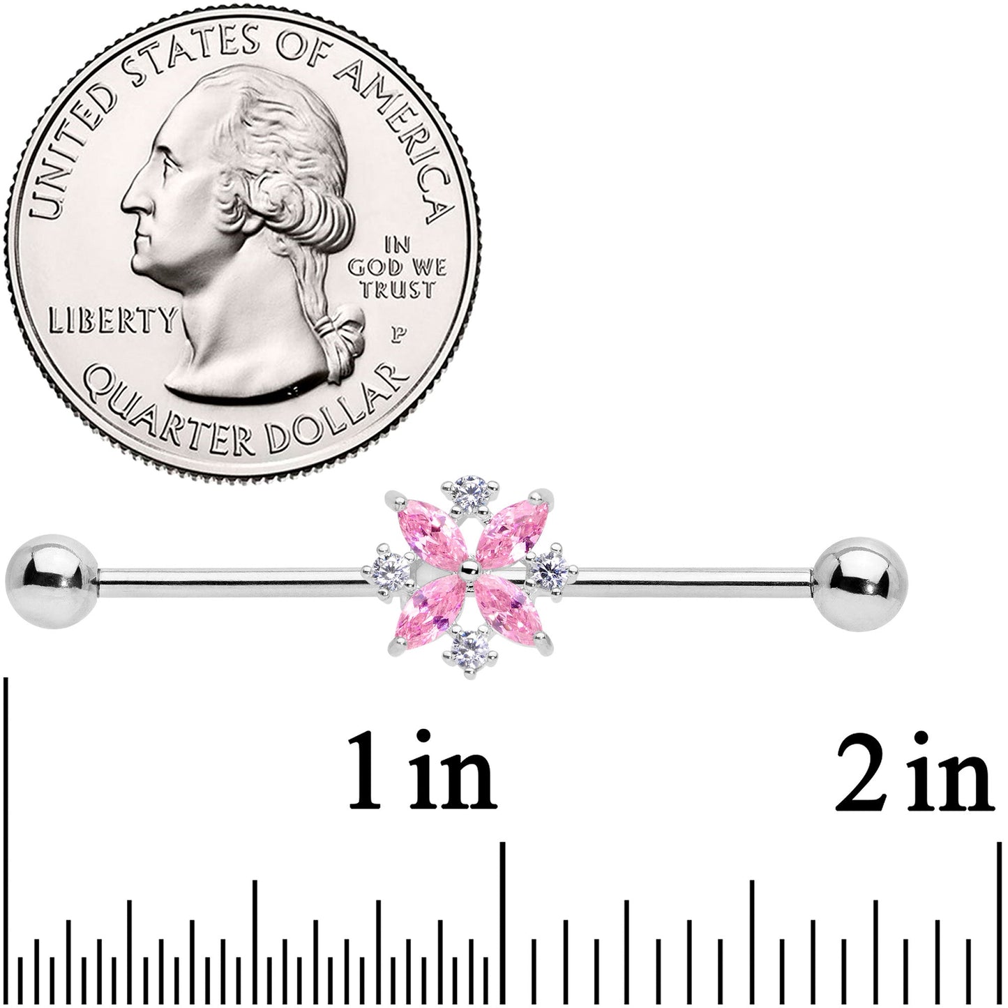 14G Pink CZ Gem Star Burst Industrial Barbell 38mm