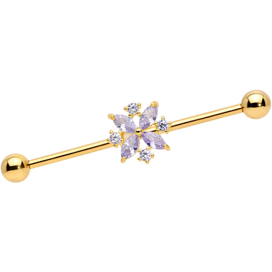 14G Purple CZ Gem Gold Tone Star Burst Industrial Barbell 38mm