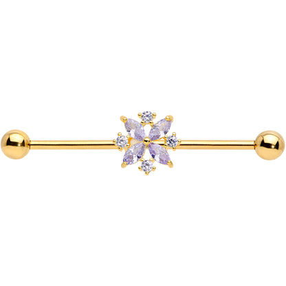 14G Purple CZ Gem Gold Tone Star Burst Industrial Barbell 38mm