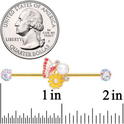 14G Aurora Gem Gold Tone Butterfly Flower Industrial Barbell 38mm