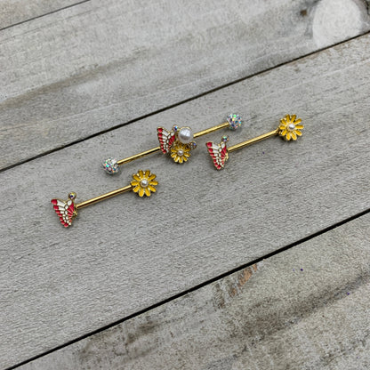 14G Aurora Gem Gold Tone Butterfly Flower Industrial Barbell 38mm