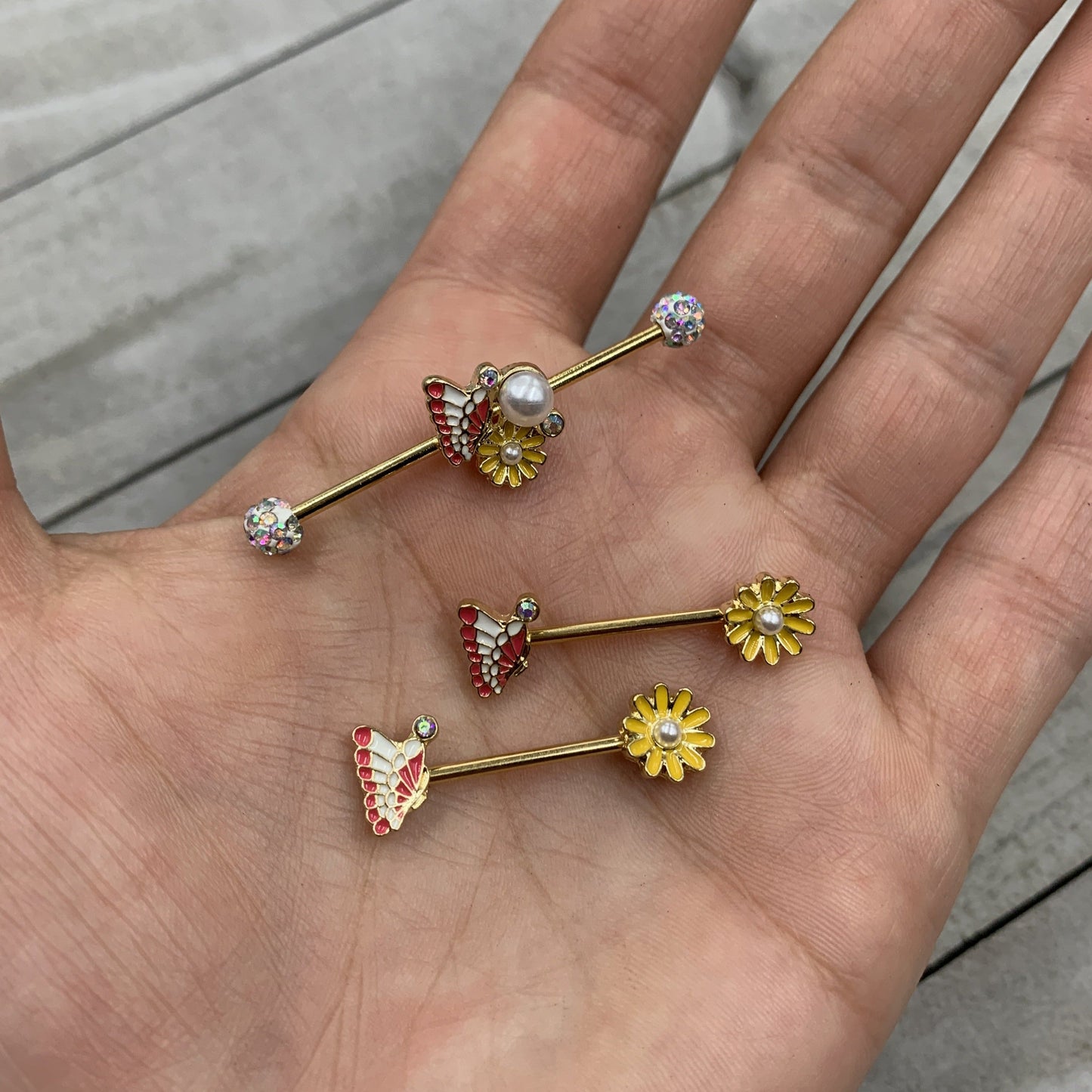 14G Aurora Gem Gold Tone Butterfly Flower Industrial Barbell 38mm