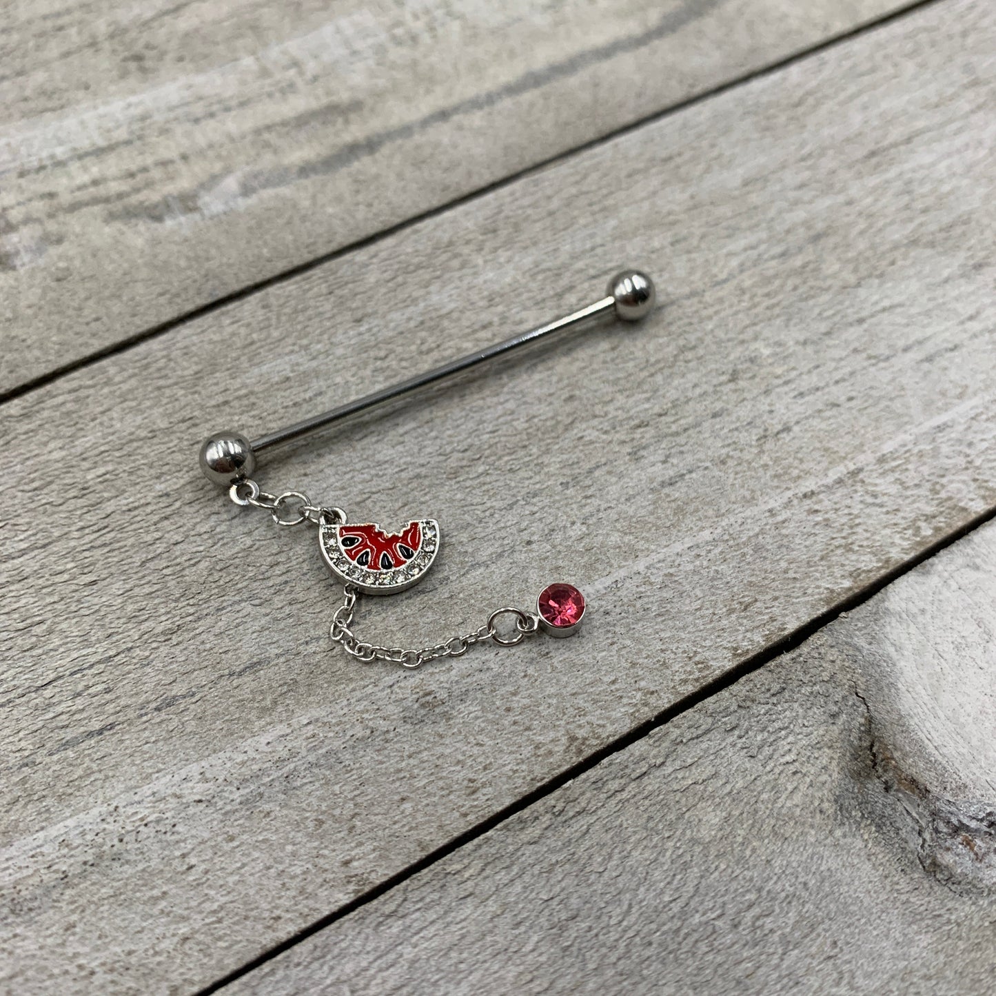 14G Clear Pink Gem Watermelon Chain Dangle Industrial Barbell 38mm