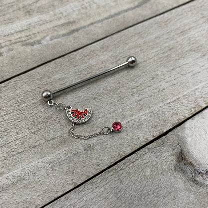 14G Clear Pink Gem Watermelon Chain Dangle Industrial Barbell 38mm