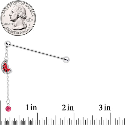 14G Clear Pink Gem Watermelon Chain Dangle Industrial Barbell 38mm
