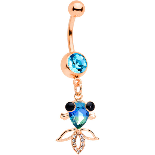 Clear Aqua Gem Rose Gold Tone Happy Fish Dangle Belly Ring