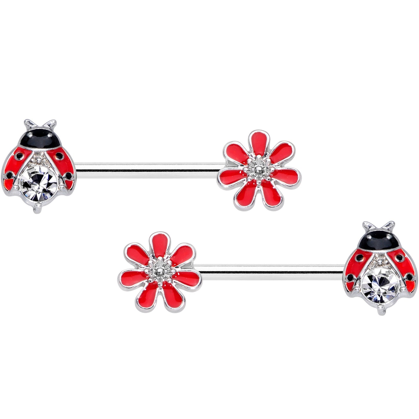 14G 9/16 Clear Gem Red Ladybug Flower Barbell Nipple Ring Set