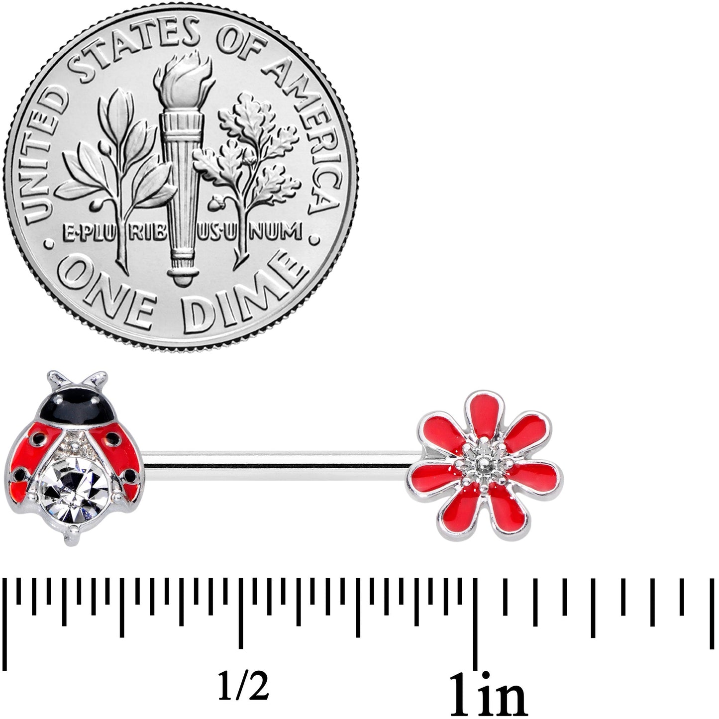 14G 9/16 Clear Gem Red Ladybug Flower Barbell Nipple Ring Set