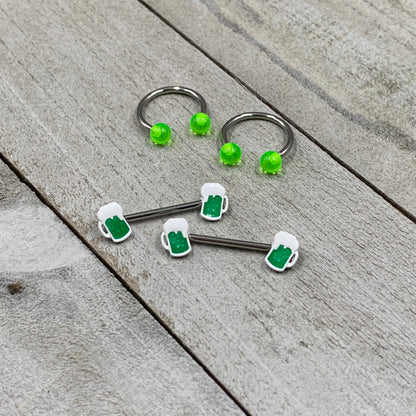 14G 9/16 Green Beer St Patricks Horseshoe Barbell Nipple Set of 4