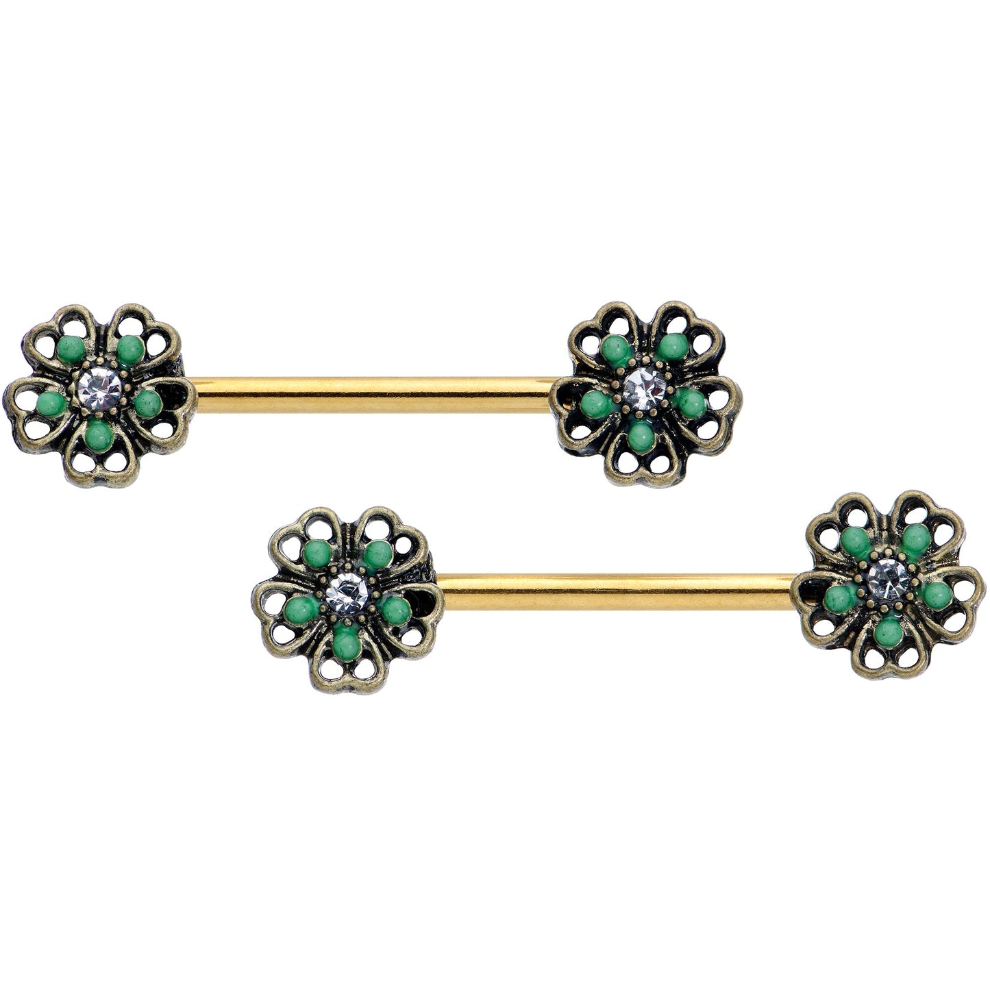 14G 9/16 Gold Tone Green Flower St Patricks Day Nipple Ring Set