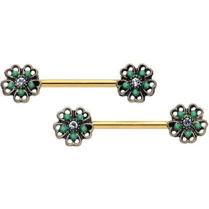 14G 9/16 Gold Tone Green Flower St Patricks Day Nipple Ring Set
