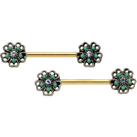 14G 9/16 Gold Tone Green Flower St Patricks Day Nipple Ring Set