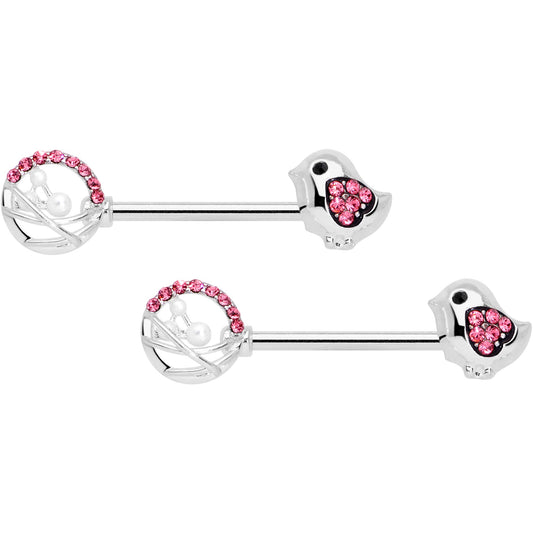 14G 9/16 Pink Gem Basket Chick Barbell Nipple Ring Set