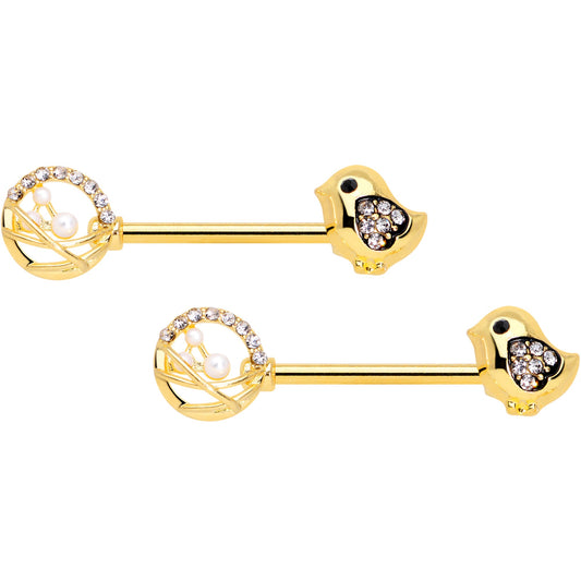14G 9/16 Clear Gem Gold Tone Basket Chick Nipple Ring Set