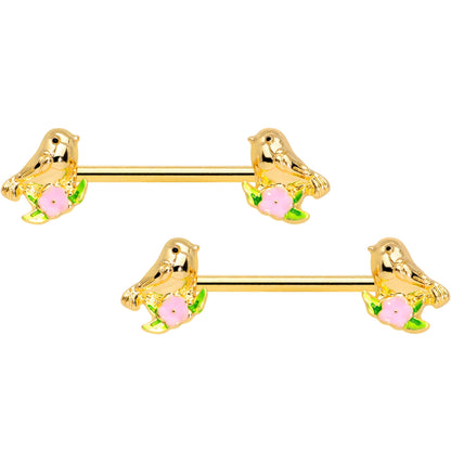 14G 9/16 Gold Tone Bird Pink Flower Barbell Nipple Ring Set