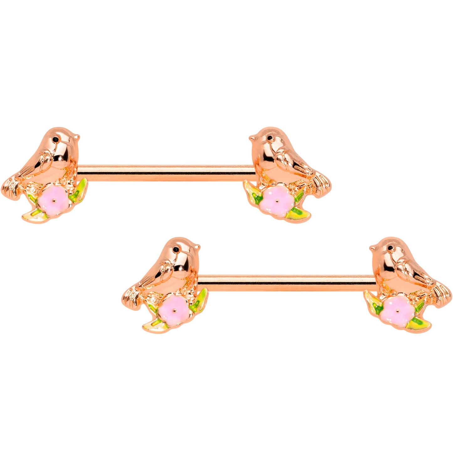 14G 9/16 Rose Gold Tone Bird Pink Flower Barbell Nipple Ring Set