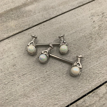 14G 9/16 White Orb Baby Bear Barbell Nipple Ring Set