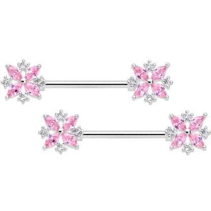 14G 5/8 Pink CZ Gem Star Burst Barbell Nipple Ring Set
