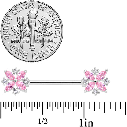 14G 5/8 Pink CZ Gem Star Burst Barbell Nipple Ring Set