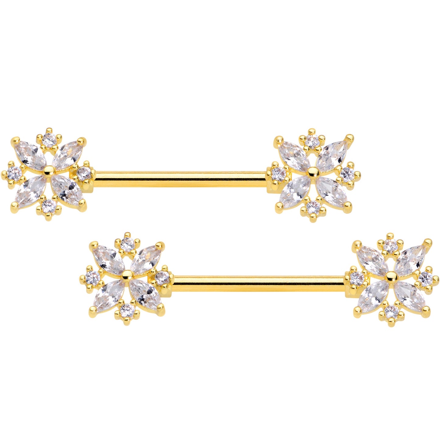 14G 5/8 Clear CZ Gem Gold Tone Star Burst Nipple Ring Set