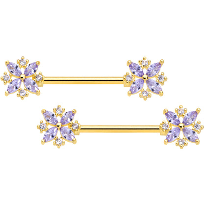 14G 5/8 Purple CZ Gem Gold Tone Star Burst Nipple Ring Set