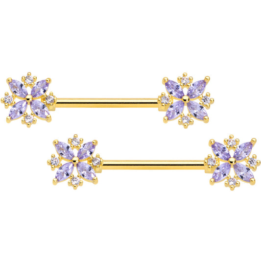 14G 5/8 Purple CZ Gem Gold Tone Star Burst Nipple Ring Set