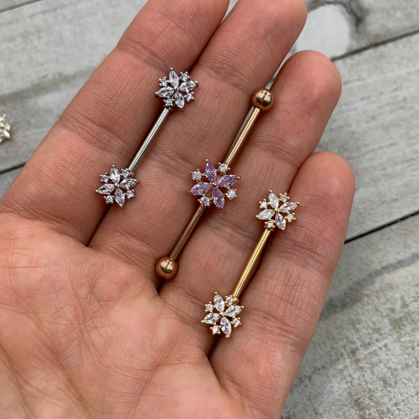 14G 5/8 Clear CZ Gem Gold Tone Star Burst Nipple Ring Set