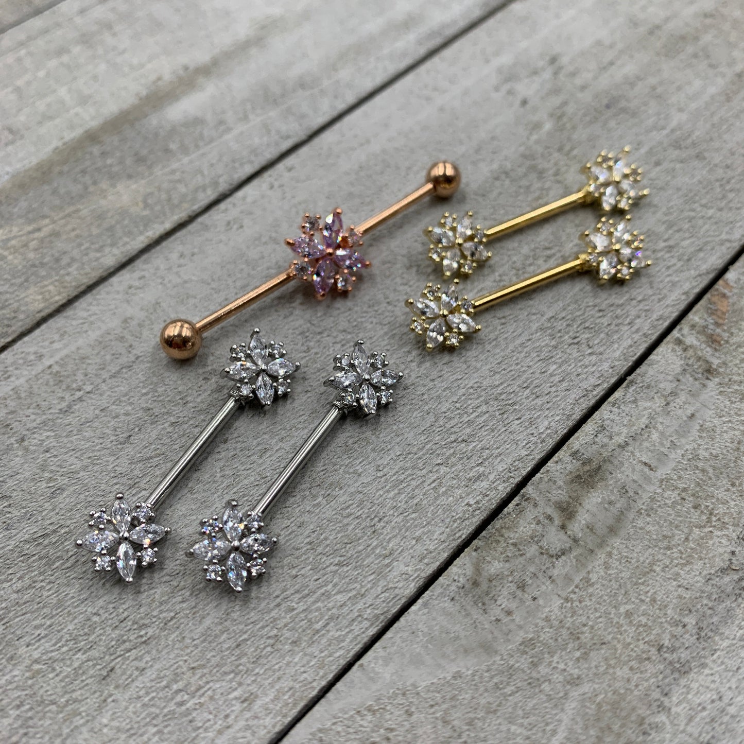 14G 5/8 Purple CZ Gem Gold Tone Star Burst Nipple Ring Set