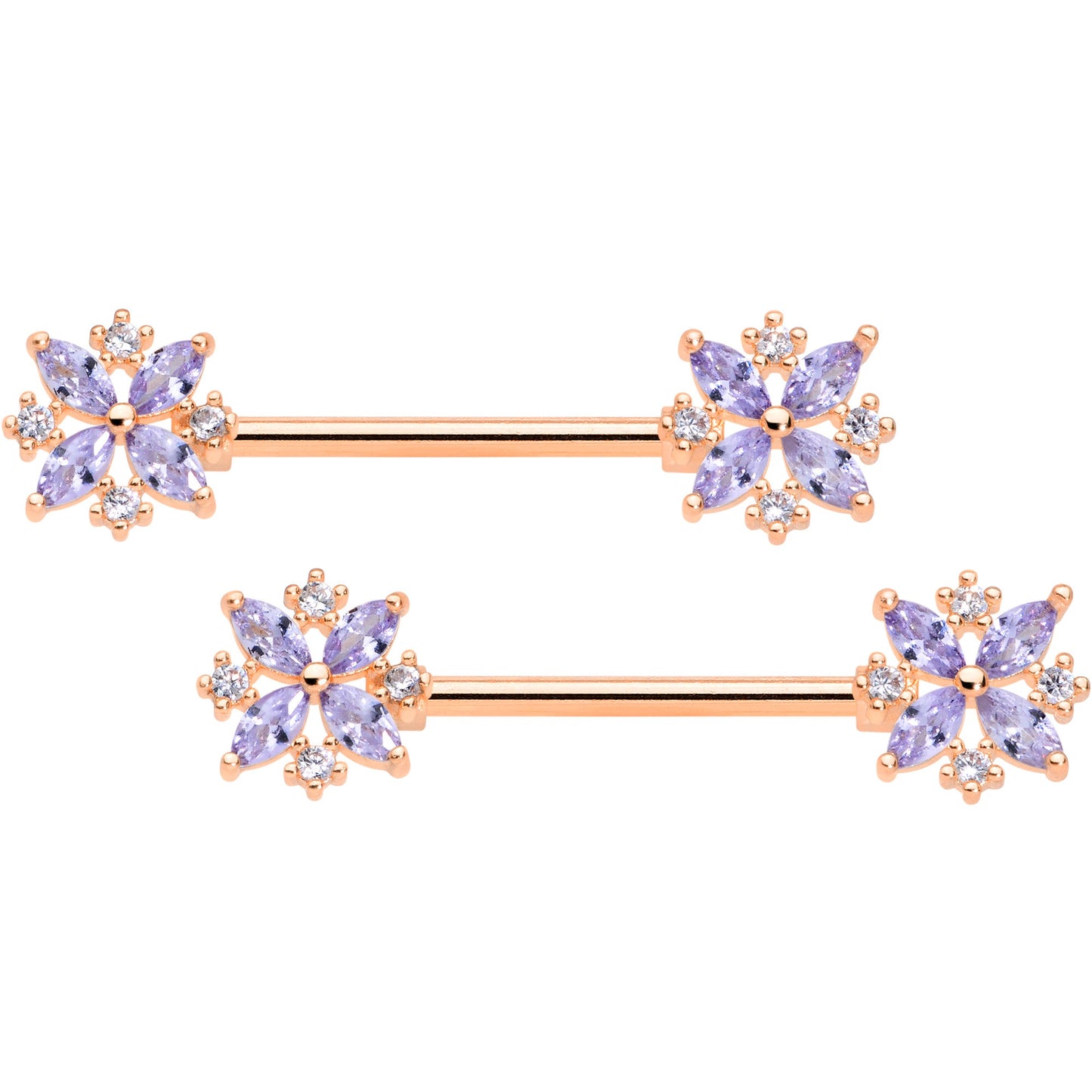 14G 5/8 Purple CZ Gem Rose Gold Tone Star Burst Nipple Ring Set