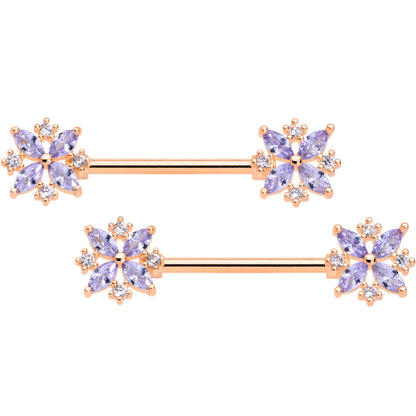 14G 5/8 Purple CZ Gem Rose Gold Tone Star Burst Nipple Ring Set