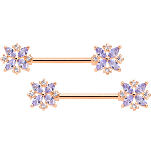 14G 5/8 Purple CZ Gem Rose Gold Tone Star Burst Nipple Ring Set