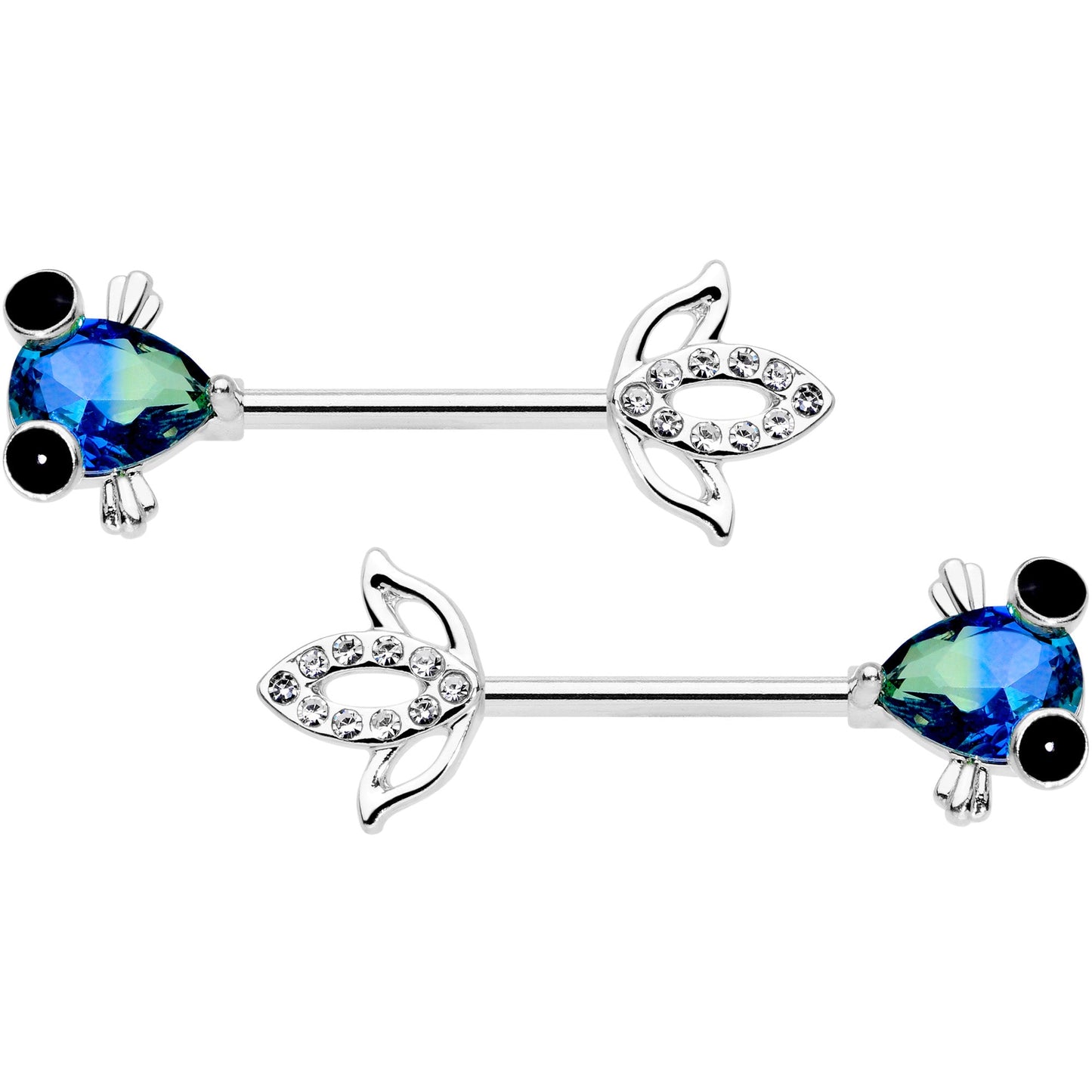 14G 9/16 Clear Aqua Gem Fish Barbell Nipple Ring Set