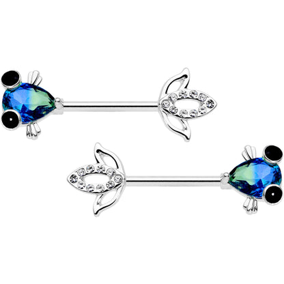 14G 9/16 Clear Aqua Gem Fish Barbell Nipple Ring Set