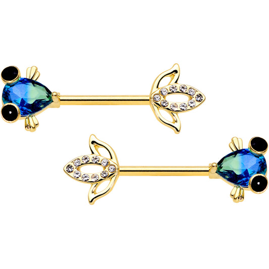 14G 9/16 Aqua Gem Gold Tone Fish Barbell Nipple Ring Set