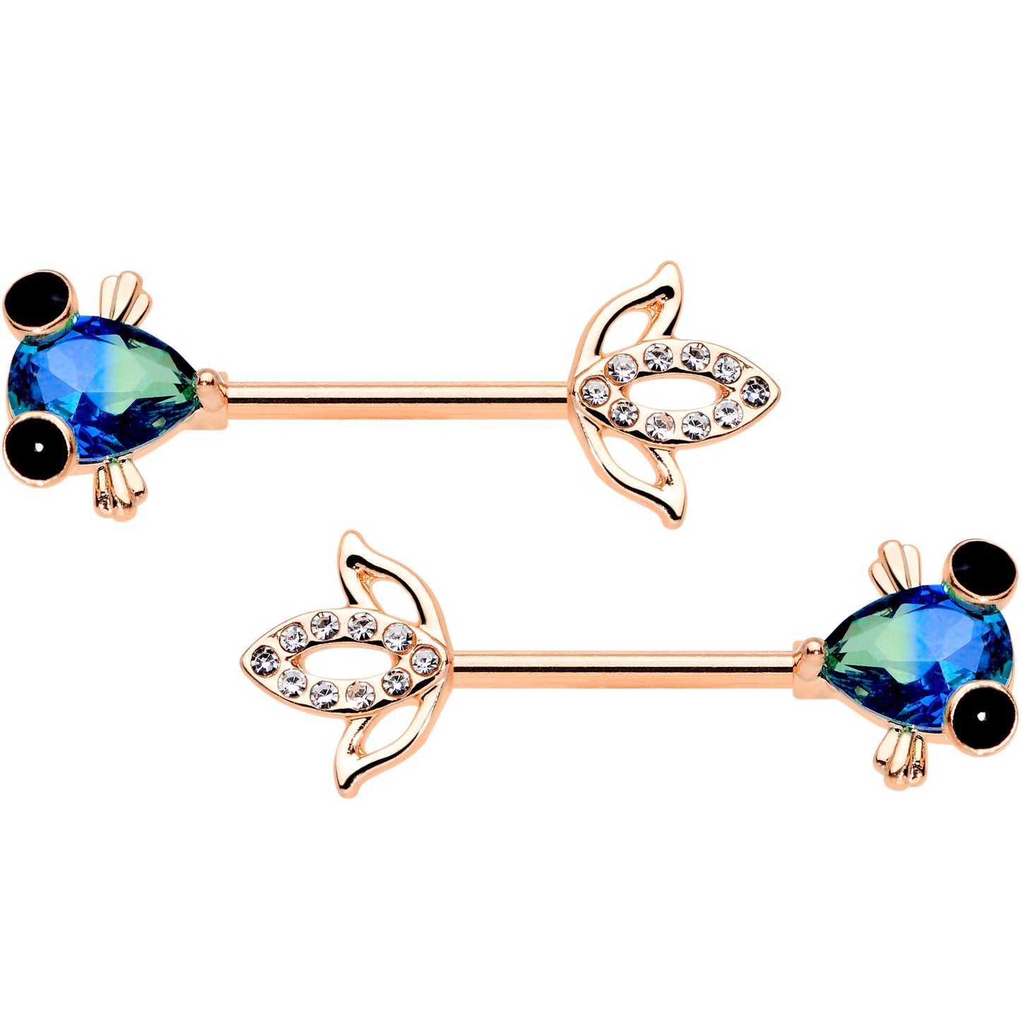 14G 9/16 Aqua Gem Rose Gold Tone Fish Barbell Nipple Ring Set