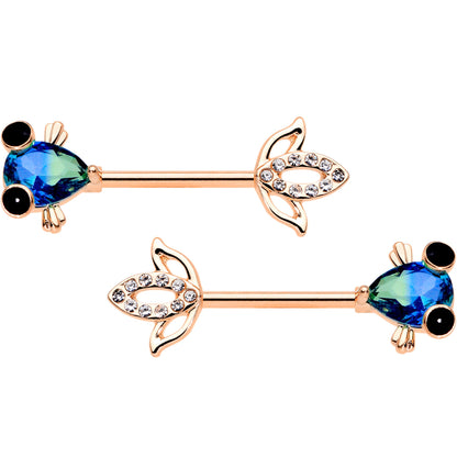 14G 9/16 Aqua Gem Rose Gold Tone Fish Barbell Nipple Ring Set