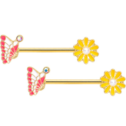 14G 5/8 Aurora Gem Gold Tone Butterfly Flower Barbell Nipple Ring Set