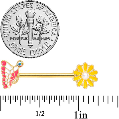 14G 5/8 Aurora Gem Gold Tone Butterfly Flower Barbell Nipple Ring Set