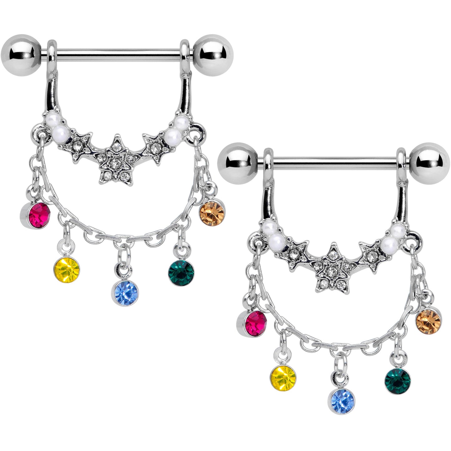 14G 9/16 Multicolor Gem Star Dangle Nipple Ring Set