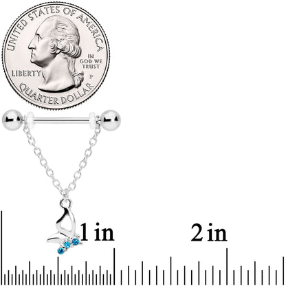 14G 5/8 Aqua Gem Hollow Butterfly Chain Dangle Nipple Ring Set