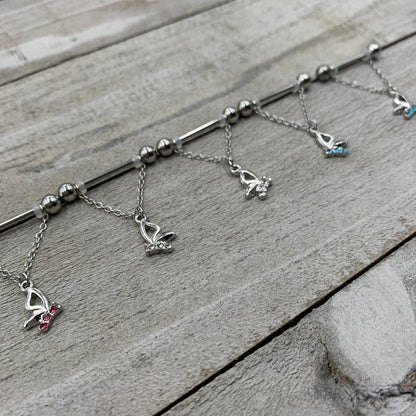 14G 5/8 Aqua Gem Hollow Butterfly Chain Dangle Nipple Ring Set