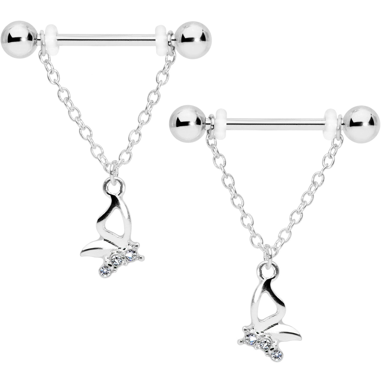 14G 5/8 Clear Gem Butterfly Dangle Nipple Ring Set