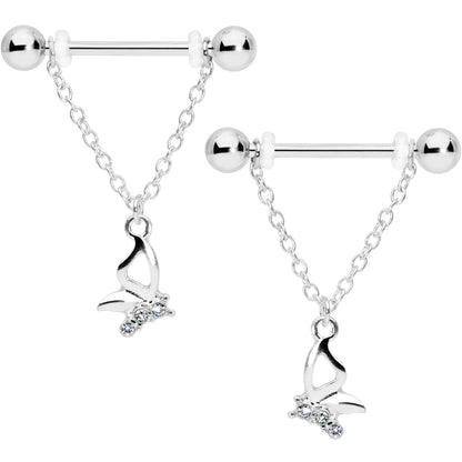 14G 5/8 Clear Gem Butterfly Dangle Nipple Ring Set