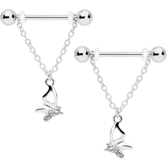 14G 5/8 Clear Gem Butterfly Dangle Nipple Ring Set