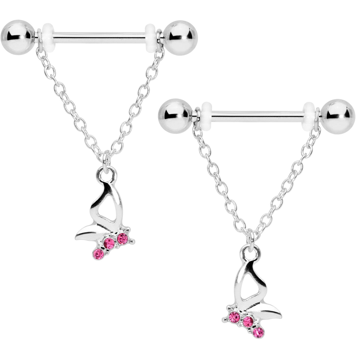 14G 5/8 Pink Gem Butterfly Dangle Nipple Ring Set