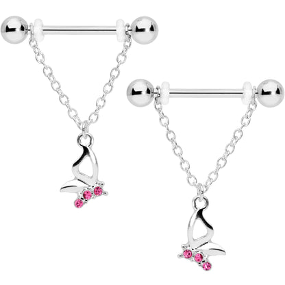 14G 5/8 Pink Gem Butterfly Dangle Nipple Ring Set