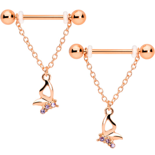 14G 5/8 Purple Gem Rose Gold Hue Butterfly Dangle Nipple Ring Set